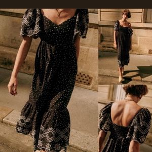 Sezane Emeraude Midi Dress Black Embroidered Smocked Polka Dot, Size 6